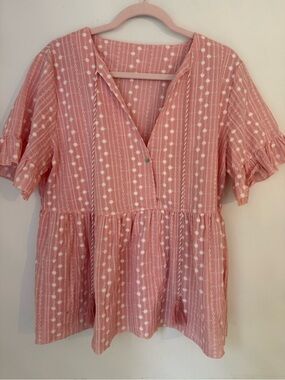 Pink Cotton Eyelet Peplum Blouse XL Boho Embroidered Top